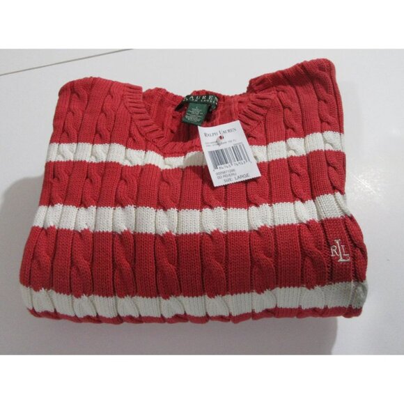 Lauren Ralph Lauren Women’s Cable Knit Sweater Red Ecru Striped Large NWT NEW - Picture 3 of 4
